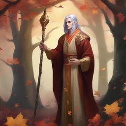 A male autumn eladrin standing in a mystical forest