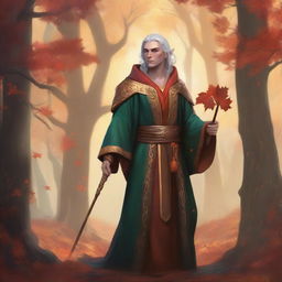 A male autumn eladrin standing in a mystical forest