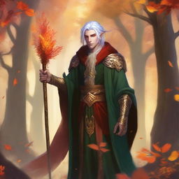 A male autumn eladrin standing in a mystical forest