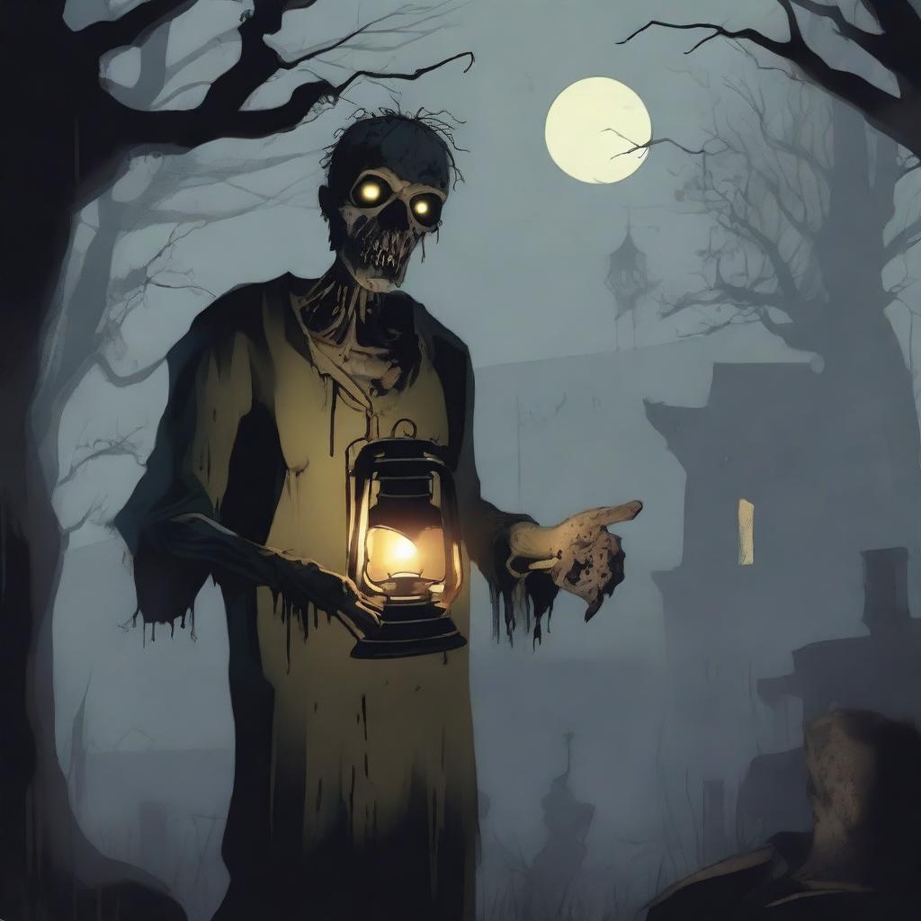 A detailed illustration of a zombie holding an oil lamp in a dark, eerie environment