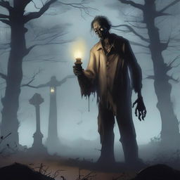 A detailed illustration of a zombie holding an oil lamp in a dark, eerie environment