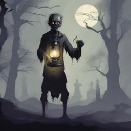 A detailed illustration of a zombie holding an oil lamp in a dark, eerie environment