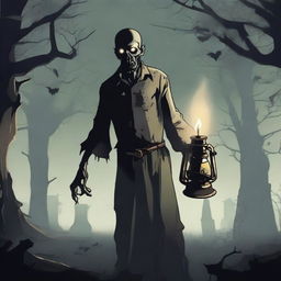 A detailed illustration of a zombie holding an oil lamp in a dark, eerie environment