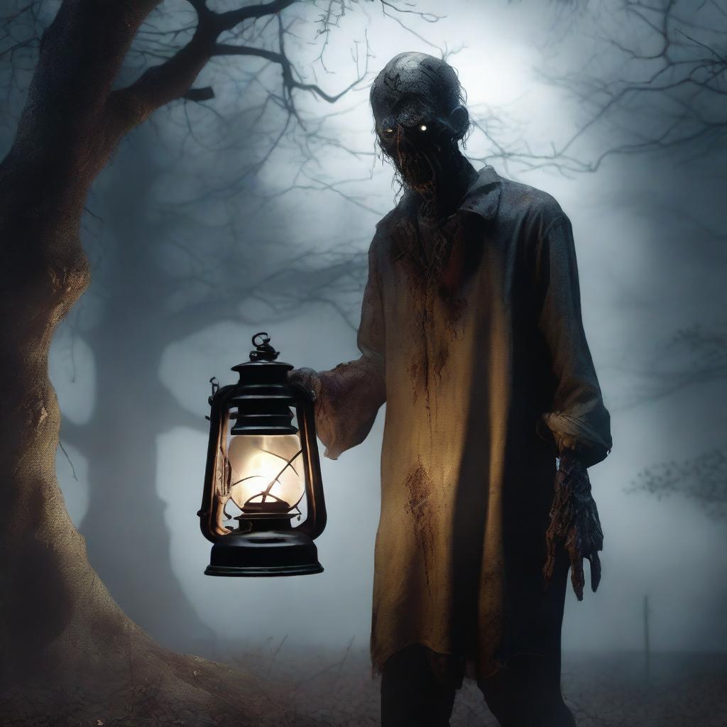 A highly realistic illustration of a zombie holding an oil lamp in a dark, eerie environment