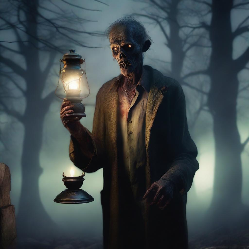 A highly realistic illustration of a zombie holding an oil lamp in a dark, eerie environment