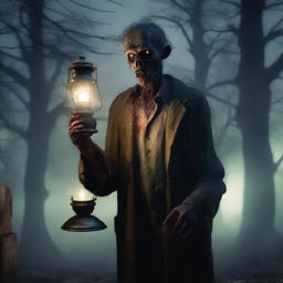 A highly realistic illustration of a zombie holding an oil lamp in a dark, eerie environment