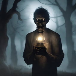 A highly realistic illustration of a zombie holding an oil lamp in a dark, eerie environment