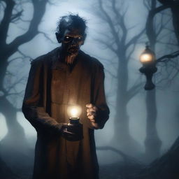 A highly realistic illustration of a zombie holding an oil lamp in a dark, eerie environment