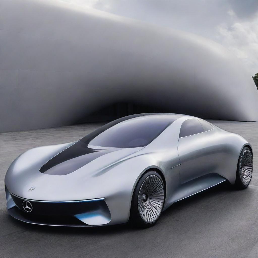 A futuristic rendition of a Mercedes Benz car, displaying advanced technology, aerodynamic design, and innovative power systems.