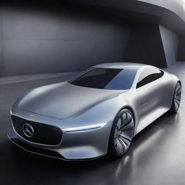 A futuristic rendition of a Mercedes Benz car, displaying advanced technology, aerodynamic design, and innovative power systems.