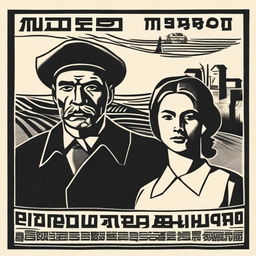 A monochrome image in the style of early Soviet posters: sharp, angular lines