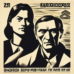 A monochrome image in the style of early Soviet posters: sharp, angular lines