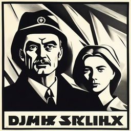 A monochrome image in the style of early Soviet posters: sharp, angular lines