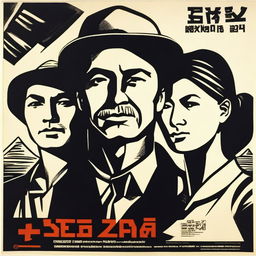 A monochrome image in the style of early Soviet posters: sharp, angular lines