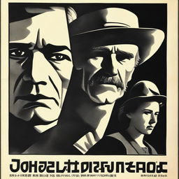 A monochrome image in the style of early Soviet posters: sharp, angular lines