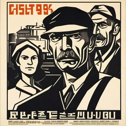 A monochrome image in the style of early Soviet posters: sharp, angular lines