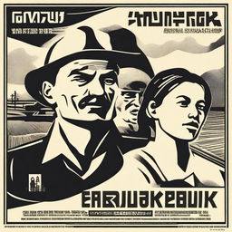 A monochrome image in the style of early Soviet posters: sharp, angular lines