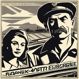 A monochrome image in the style of early Soviet posters: sharp, angular lines