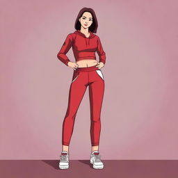 Create an image of an Indonesian girl wearing a sexy, sporty red-maroon outfit