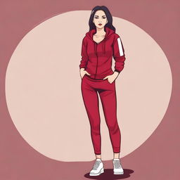 Create an image of an Indonesian girl wearing a sexy, sporty red-maroon outfit