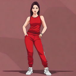 Create an image of an Indonesian girl wearing a sexy, sporty red-maroon outfit