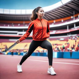 A model of Indonesian descent wearing a stylish and modern sport outfit