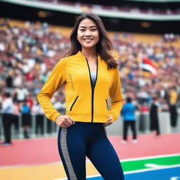 A model of Indonesian descent wearing a stylish and modern sport outfit