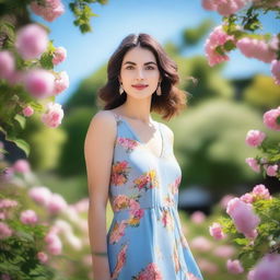 A beautiful woman standing in a serene garden, surrounded by blooming flowers and lush greenery