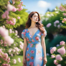 A beautiful woman standing in a serene garden, surrounded by blooming flowers and lush greenery