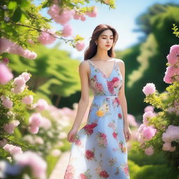 A beautiful woman standing in a serene garden, surrounded by blooming flowers and lush greenery