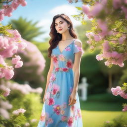 A beautiful woman standing in a serene garden, surrounded by blooming flowers and lush greenery