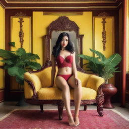 An Indonesian model wearing a plain red maroon bikini with yellow lace accents, sitting gracefully on a vintage chair