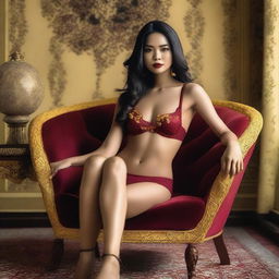 An Indonesian model wearing a plain red maroon bikini with yellow lace accents, sitting gracefully on a vintage chair