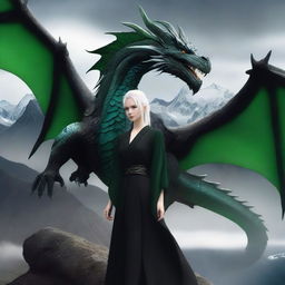 A woman in a black dress with white hair and green eyes stands next to a dragon