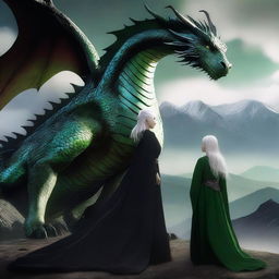 A woman in a black dress with white hair and green eyes stands next to a dragon