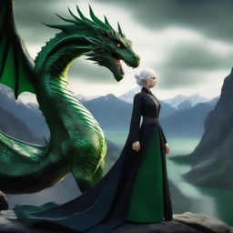 A woman in a black dress with white hair and green eyes stands next to a dragon