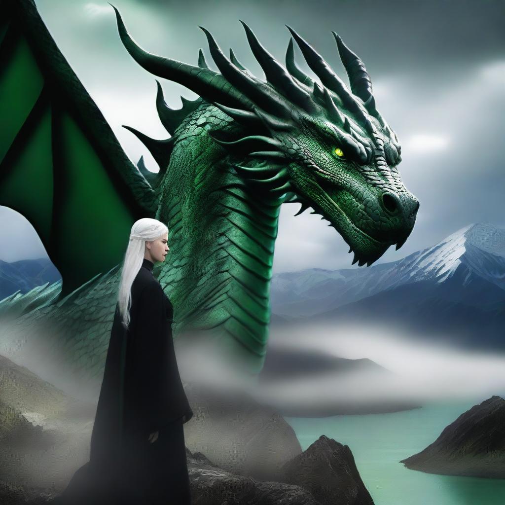 A woman in a black dress with white hair and green eyes stands next to a dragon