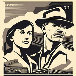 Create a monochrome image inspired by early Soviet posters with sharp, angular lines