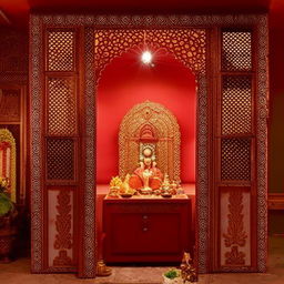 Elegant and serene pooja room interior with traditional Indian motifs, spiritual decor, and tranquil lighting.