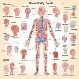 An educational illustration showing various human body parts labeled for children