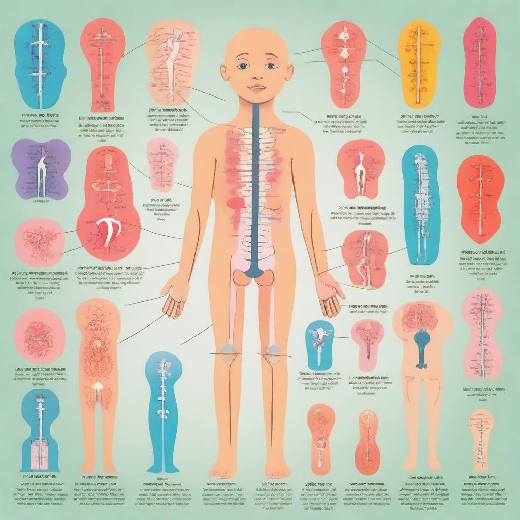 A colorful and friendly educational illustration showing various human body parts labeled for children