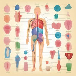 A colorful and friendly educational illustration showing various human body parts labeled for children