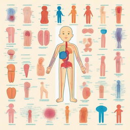 A colorful and friendly educational illustration showing various human body parts labeled for children