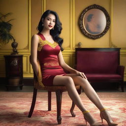 An Indonesian model wearing a sexy tank top in red maroon with yellow lace accents, sitting gracefully on a vintage chair