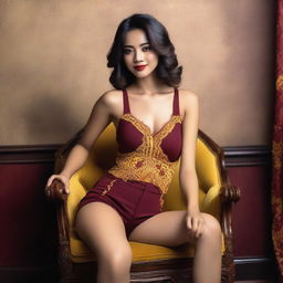 An Indonesian model wearing a sexy tank top and short pants in red maroon with yellow lace accents, sitting gracefully on a vintage chair