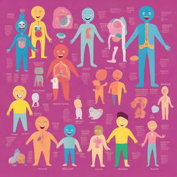 A colorful and friendly educational illustration showing various human body parts labeled for children, designed as a presentable cover