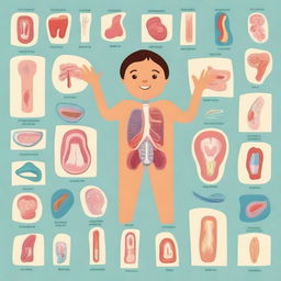 A colorful and friendly educational illustration showing various human body parts labeled for children, designed as a presentable cover