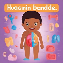 A colorful and friendly educational illustration showing various human body parts labeled for children, designed as a presentable cover