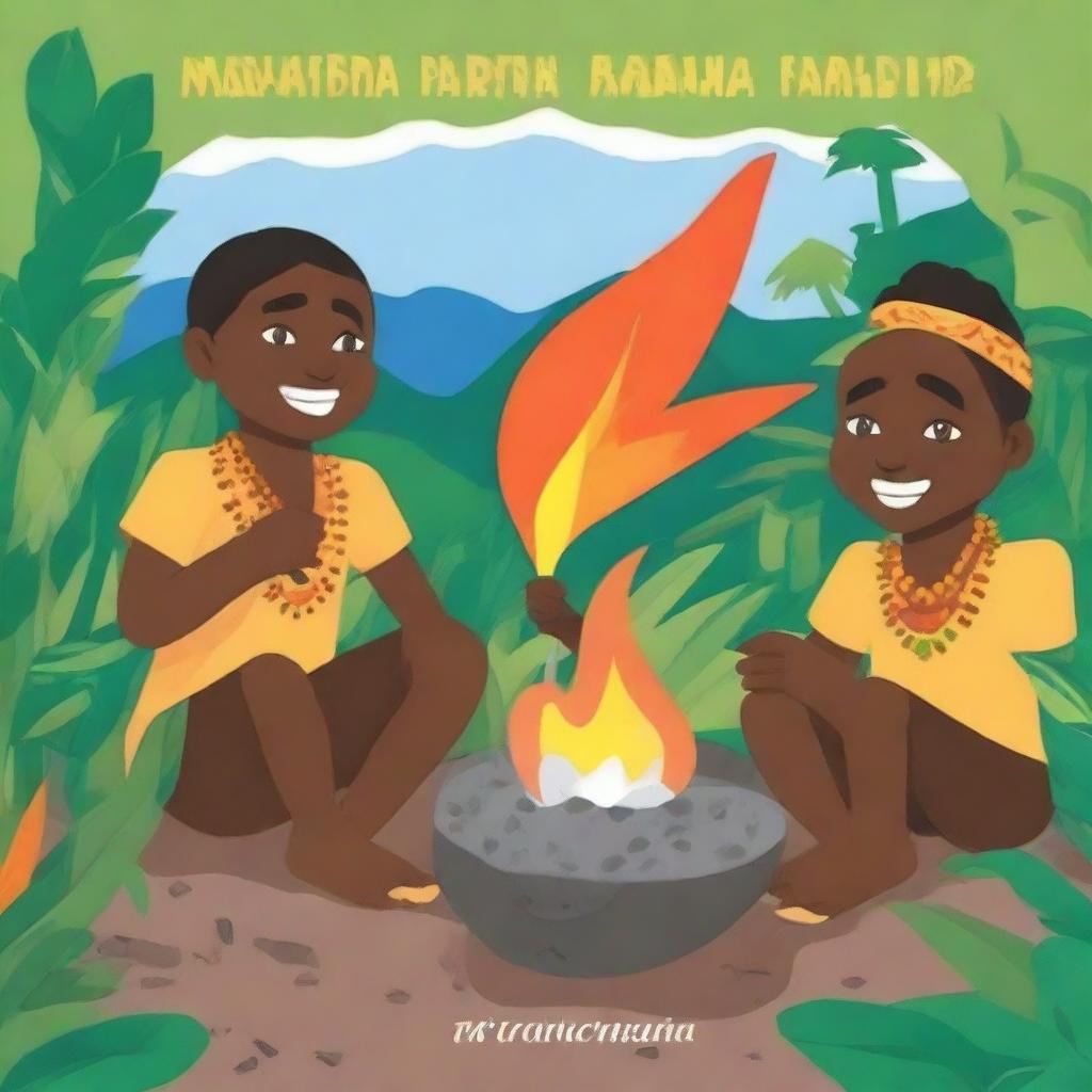 Create a book cover featuring students from Papua participating in the traditional stone-burning process