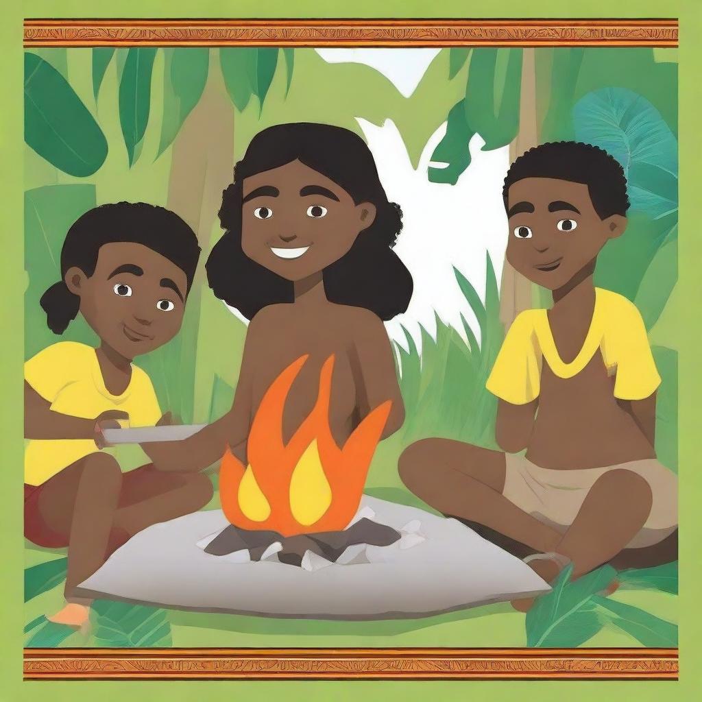 Create a book cover featuring students from Papua participating in the traditional stone-burning process